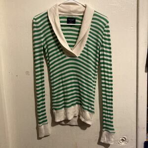 American Eagle Womens Stretch Shawl Collar Green Striped Thermal Sweater M